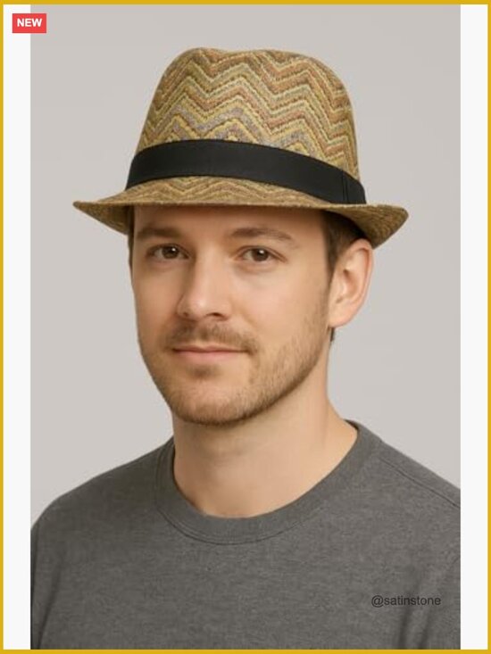 Bohemian Straw Fedora Hat with Chevron Pattern - One Size  display picture 2